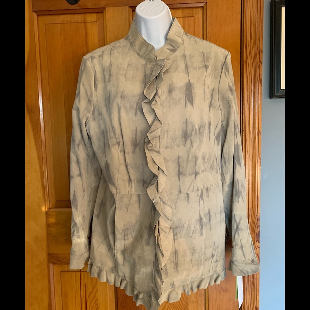 Chi by Carlos Falchi tan leather jacket with ruffled front. NWT